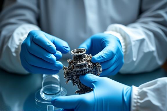 技術者がクリーンルームで複雑な航空宇宙部品を注意深く検査している様子。